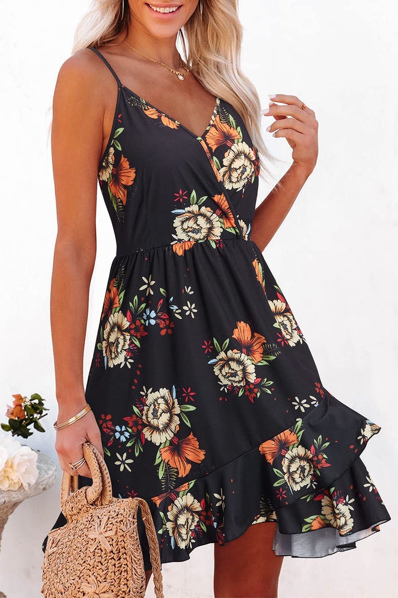 ULTRANICE Summer Dresses Womens Sun Dress Trendy Casual Spring Floral Flowy Semi Formal Midi Beach Vacation Outfits Clothes Ruffle Hem V Neck Spaghetti Strap Dress(Black Orange White Floral,XL) - Image 3